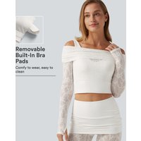 Halara SoftlyZero™ Off Shoulder Long Sleeve Contrast Lace Yoga Sports Top with Built-in Bra - White - XL