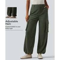 Halara High Waisted Straight Leg Gathered Hem Corduroy Cargo Casual Trousers with Pockets - Rifle Green - XL(regular)