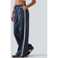 Halara Mid Rise Drawstring Satin Side Stripes Wide Leg Casual Trousers with Pockets - Oceana - XL(regular)