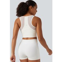Halara U Neck Zipper Contrast Mesh Back Cropped Yoga Tank Top with Built-in Bra and Pocket - White - XL