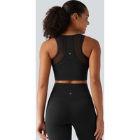 Halara U Neck Zipper Contrast Mesh Back Cropped Yoga Tank Top with Built-in Bra and Pocket - Black - XL