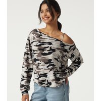 Halara One Shoulder Long Sleeve Camo Casual Top - Sand Camo - XL