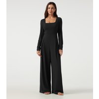 Halara Square Neck Long Sleeve Built-in Bra Wide Leg Casual Jumpsuit with Pockets-Easy Peezy Edition - Black - XL(regular)