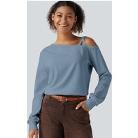 Halara One Shoulder Long Sleeve Crossover Waffle Casual Top - Mountain Spring - XL