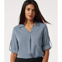 Halara Wrinkle Recovery V Neck Long Sleeve Work Shirt with Pocket - Mountain Spring - XL