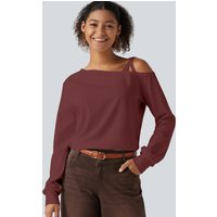 Halara One Shoulder Long Sleeve Crossover Waffle Casual Top - New Maroon - XL