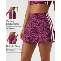 Halara High Waisted Tummy Control A-Line Side Stripe Leopard Print Workout Mini Skirt with Built-in Shorts and Pockets - Black and Fuchsia Leopard Print - XL(regular)