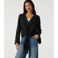 Halara Deep V Neck Flounce Long Sleeve Tie Front Contrast Lace Resort Blouse - Black - XL