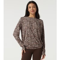 Halara Round Neck Long Sleeve Boxy Leopard Print Pleated Workout Sports Top - Sahara Smoke Leopard - XL