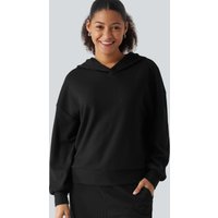 Halara Hooded Drop Shoulder Long Sleeve Waffle Casual Sweatshirt - Black - XL