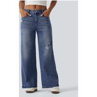 Halara Mid Rise Washed Wide Leg Ripped Casual Jeans with Pockets - Tide Blue Denim - XL(regular)
