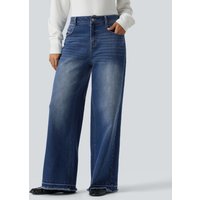 Halara Mid Rise Washed Wide Leg Casual Jeans with Pockets - Tide Blue Denim - XL(regular)