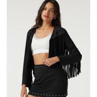Halara V Neck Long Sleeve Fringe Suede Casual Blazer - Black - XL
