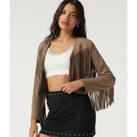 Halara V Neck Long Sleeve Fringe Suede Casual Blazer - Coca Mocha - XL