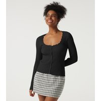 Halara Ribbed Knit Square Neck Long Sleeve Casual Jumper - Black - XL