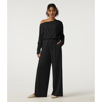 Halara One Shoulder Long Sleeve Wide Leg Casual Jumpsuit with Built-in Bra and Pockets -Easy Peezy Edition - Black - XL(regular)
