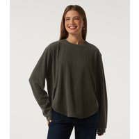Halara Round Neck Long Sleeve Curved Hem Corduroy Casual Sweatshirt - Black Olive - XS