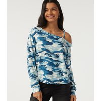 Halara One Shoulder Long Sleeve Camo Casual Top - Steel Blue Camo - XL