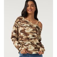 Halara One Shoulder Long Sleeve Camo Casual Top - Mocha Camo - XL
