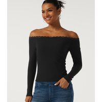 Halara Ribbed Knit Off Shoulder Long Sleeve Contrast Lace T-Shirt with Built-in Bra - Black - XL