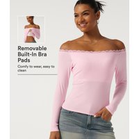 Halara Ribbed Knit Off Shoulder Long Sleeve Contrast Lace T-Shirt with Built-in Bra - Rose Haze Pink - XL