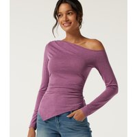 Halara One Shoulder Long Sleeve Ruched Asymmetric Hem Casual Top - Red Violet Floral Yarn - XL