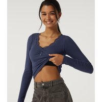 Halara Ribbed Knit U Neck Long Sleeve Ruched Contrast Lace Casual Top with Built-in Bra - Naval Academy - XL