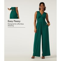 Halara Deep V Neck Sleeveless Slim Contrast Lace Party Wide Leg Jumpsuits with Built-in Bra and Pockets - Easy Peezy Edition - Rain Forest - XL(regular)