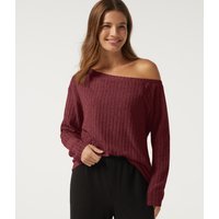 Halara Ribbed Knit One Shoulder Long Sleeve Built-in Bra Asymmetric Lounge Top - Wine Red Floral Yarn - XL