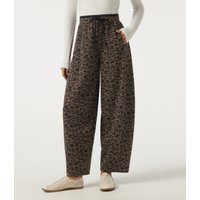 Halara High Waisted Leopard Print Drawstring Barrel Leg Casual Trousers with Pockets - Beige and Brown Leopard - XL(regular)