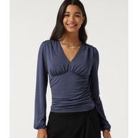 Halara V Neck Puff Long Sleeve Ruched Work Top - Mottled Indigo - XS
