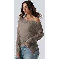 Halara Semi Sheer One Shoulder Long Sleeve Asymmetric Hem Casual T-Shirt - Rock Ridge - XL