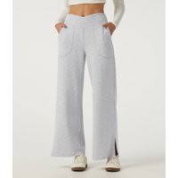 Halara Mid Rise Crossover Wide Leg Split Hem Casual Sweatpants with Pockets - Hazy Day Grey - XL(regular)