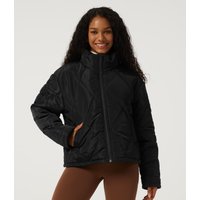 Halara Stand Collar Long Sleeve Plaid Casual Padded Jacket with Pockets - Black - XL