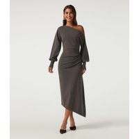 Halara One Shoulder Puff Long Sleeve Asymmetric Work Midi Sweater Dress - Mulch - XL