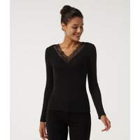Halara Sweetheart Neck Long Sleeve Contrast Lace Casual Top - Black - XS