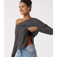 Halara One Shoulder Long Sleeve Polka Dot Casual Top with Built-in Bra - Midnight Dots - XL