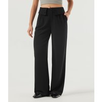 Halara Mid Rise Foldover Straight Leg Waffle Work Trousers with Pockets - Black - XL(regular)