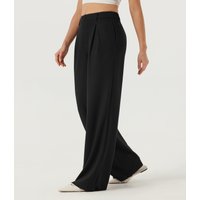 Halara Ribbed Mid Rise Wide Leg Casual Trousers with Pockets - Black - XL(regular)