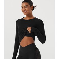 Halara SoftlyZero™ Plush Round Neck Raglan Long Sleeve Contrast Lace Built-in Bra Yoga Sports Top - Black - XL