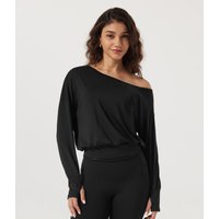 Halara One Shoulder Long Sleeve Yoga Sports Top with Built-in Bra and Thumbholes - Black - XS
