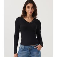 Halara V Neck Long Sleeve Contrast Lace Casual Top with Built-in Bra - Black - XL