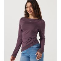 Halara Boat Neck Long Sleeve Contrast Lace Asymmetric Hem Casual Top - Plum Wine - XL
