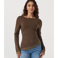 Halara Boat Neck Long Sleeve Contrast Lace Asymmetric Hem Casual Top - Chestnut - S