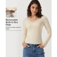Halara V Neck Long Sleeve Contrast Lace Casual Top with Built-in Bra - Lily White - M