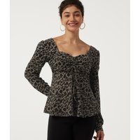 Halara Sweetheart Neck Long Sleeve Leopard Print Built-in Bra Lace Up Casual Top - Soft Olive Leopard - XL