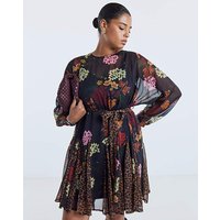 Border Print Godet Skater Dress Print