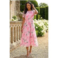 Floral Print Pleat Neck Midi Dress