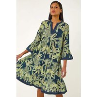 Palm Print V Neck Tiered Dress