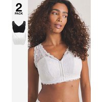 2 Pack Zip Front Lace Trim Comfort Bras Black White